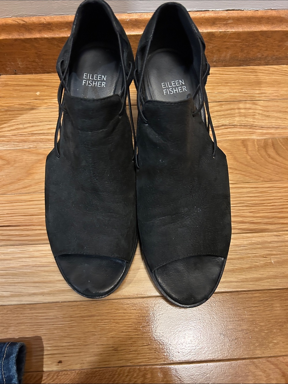 Eileen Fisher Black Open-Toe Suede Lace-Up Booties
